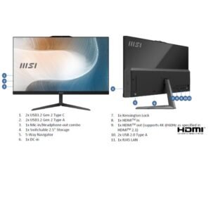 PC All In One MSI Modern AM242 1M-1640IT – Intel Core 7-150U, RAM 16GB DDR4, SSD 1TB NVMe, Display 23.8” Full HD, Iris Xe Graphics, Wi-Fi 6, Windows 11 Pro, Nero