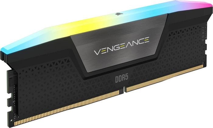 Corsair VENGEANCE RGB DDR5 16GB 5600MHz CL40 con dissipatore nero e illuminazione RGB dinamica a 10 zone.
