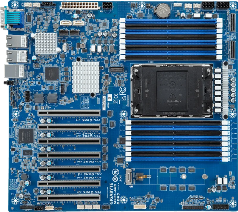 GIGABYTE MS33-AR0 – Motherboard Server E-ATX Single Socket LGA4677 Intel Xeon Scalable 5th/4th Gen, DDR5 ECC REG 16xDIMM, PCIe Gen5, 2x10GbE Intel, AST2600 Management** - immagine 3