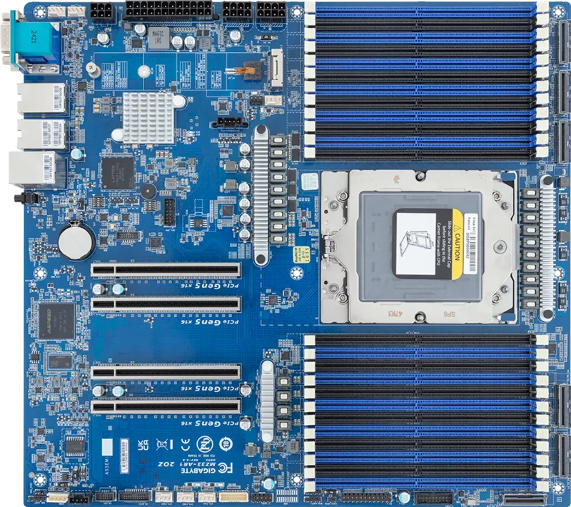 Gigabyte MZ33-AR1 – Scheda Madre Server E-ATX Single Socket SP5 per AMD EPYC 9004/9005, 24 Slot DDR5 ECC RDIMM, 4 PCIe Gen5 x16, 2x10GbE Broadcom, MCIO NVMe/SATA e BMC AST2600** - immagine 4