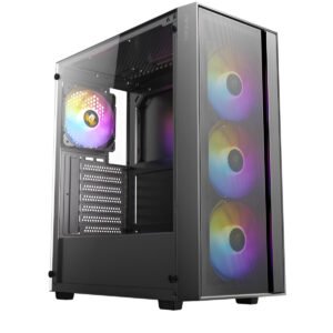 Cabinet AX65 ARGB Mid-Tower nero con pannello laterale in vetro temperato, compatibile ATX/Micro-ATX/Mini-ITX, USB 3.0 frontale e design ARGB