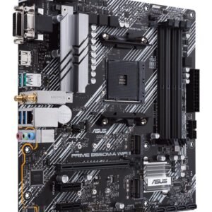 Asus AMD B550 (Ryzen AM4) micro ATX motherboard with dual M.2, PCIe 4.0, Wi-Fi 6, 1 Gb Ethernet, HDMI, DVI-D, D-Sub, SATA 6 Gbps, USB 3.2 Gen 2 Type-A, and Aura Sync RGB lighting support