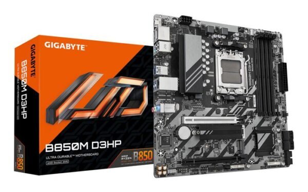 Gigabyte B850M D3HP Motherboard - AMD Ryzen 9000 Series CPUs, 5+2+2 Phases Digital VRM, up to 8200MHz DDR5 (OC), 1xPCIe 5.0 + 1xPCIe 4.0 M.2, GbE LAN, USB 3.2 Gen 2