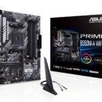 Asus AMD B550 (Ryzen AM4) micro ATX motherboard with dual M.2, PCIe 4.0, Wi-Fi 6, 1 Gb Ethernet, HDMI, DVI-D, D-Sub, SATA 6 Gbps, USB 3.2 Gen 2 Type-A, and Aura Sync RGB lighting support