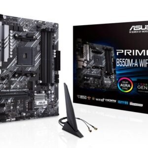 Asus AMD B550 (Ryzen AM4) micro ATX motherboard with dual M.2, PCIe 4.0, Wi-Fi 6, 1 Gb Ethernet, HDMI, DVI-D, D-Sub, SATA 6 Gbps, USB 3.2 Gen 2 Type-A, and Aura Sync RGB lighting support