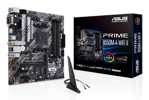 Asus AMD B550 (Ryzen AM4) micro ATX motherboard with dual M.2, PCIe 4.0, Wi-Fi 6, 1 Gb Ethernet, HDMI, DVI-D, D-Sub, SATA 6 Gbps, USB 3.2 Gen 2 Type-A, and Aura Sync RGB lighting support