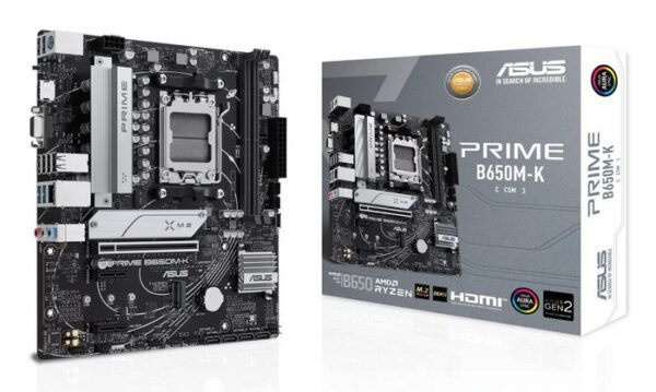 Asus AMD B650 Micro-ATX motherboard with DDR5, PCIe 5.0 M.2, 2.5Gb Ethernet, HDMI, VGA, rear USB 3.2 Gen 2, front USB 3.2 Gen 1 Type-C, BIOS FlashBack, Aura Sync